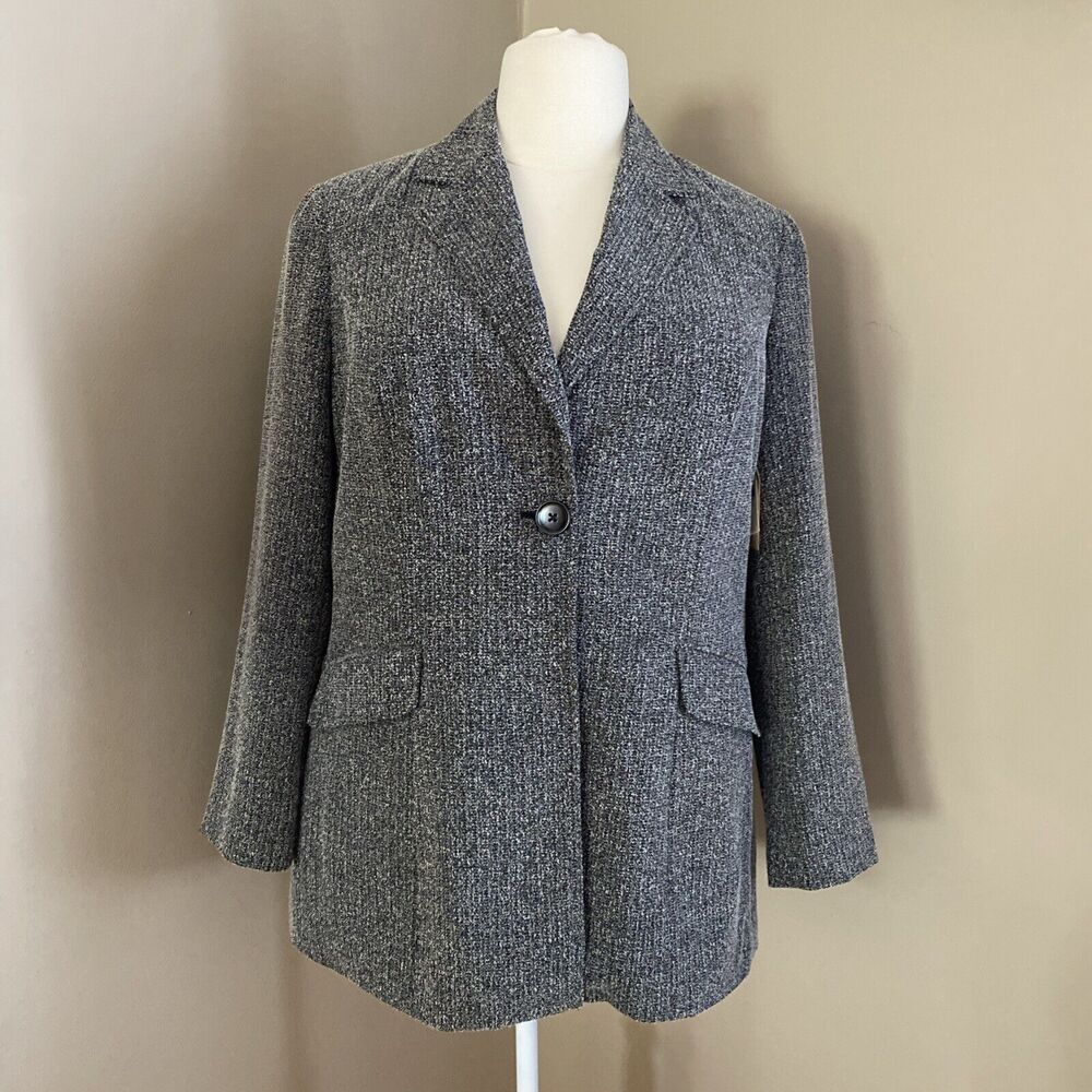 Coldwater Creek Black White Tweed One Button Long Lined Blazer Jacket Size 18W